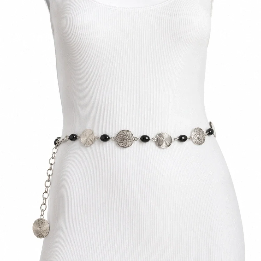 Chain Belt Women One Size Silver Black Beaded Filigree Medallion Boho